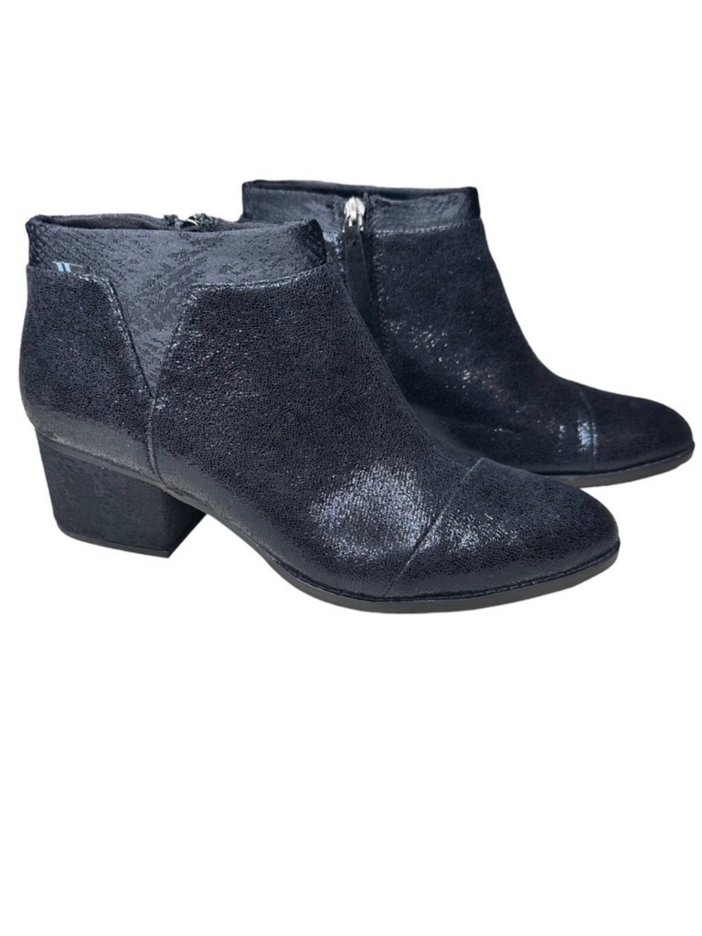 Toms Loren Black Crackle Shimmer/ Textile  Block Heel Ankle Booties. Size 9.5